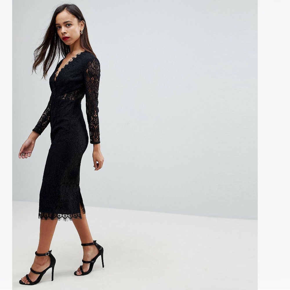 NWT ASOS PETITE Long Sleeve Lace Midi Pencil Dress